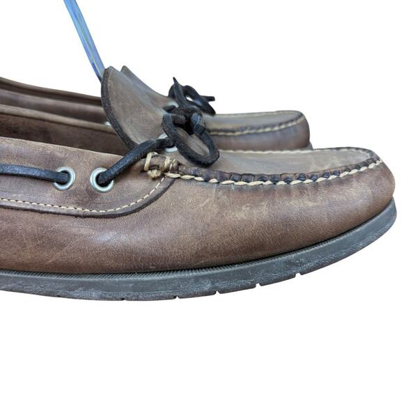 LL Bean Mens Brown Leather Slip On Boat Shoes Loafers Preppy Casual sz 8 EE Wide - Picture 13 of 16